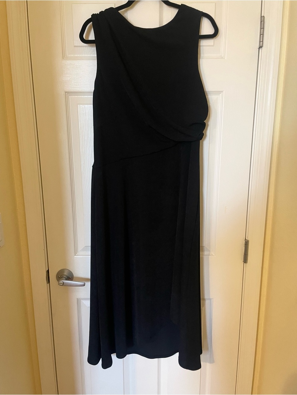 Maggy London Black Sleeveless Midi Dress with Draped Overlay